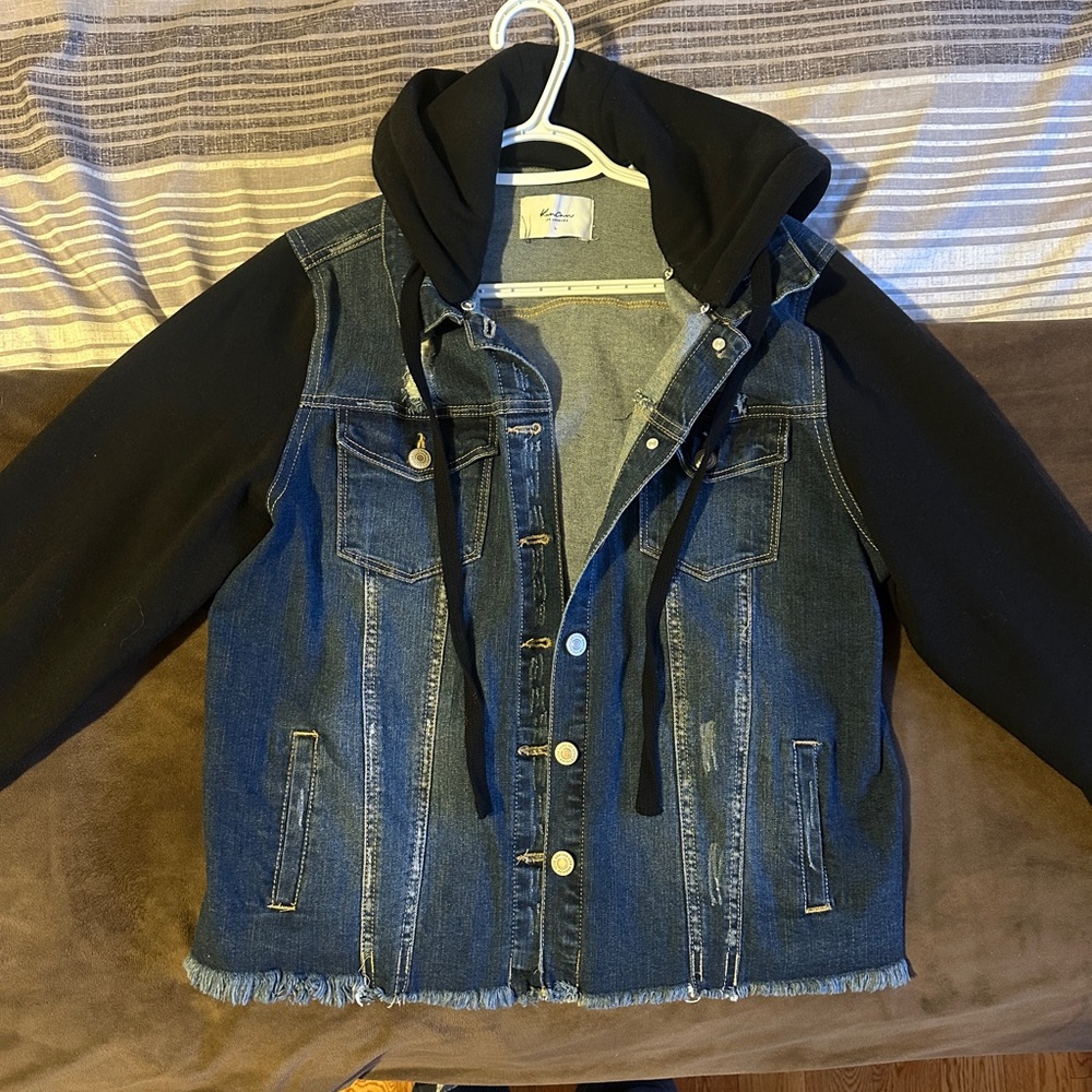 KanCan Blue Denim Jean Jacket with Black Hoodie Sleeves